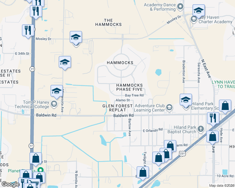 map of restaurants, bars, coffee shops, grocery stores, and more near 3617 Bay Tree Road in Lynn Haven