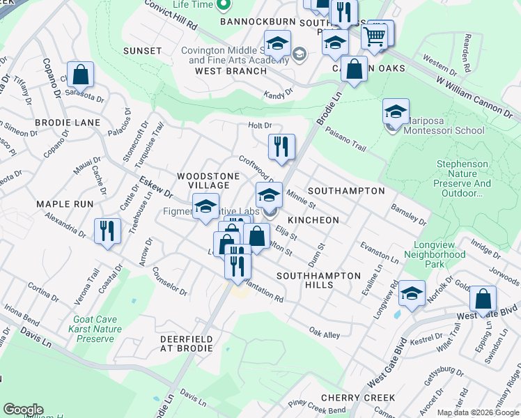 map of restaurants, bars, coffee shops, grocery stores, and more near 7802 Whitsun Drive in Austin