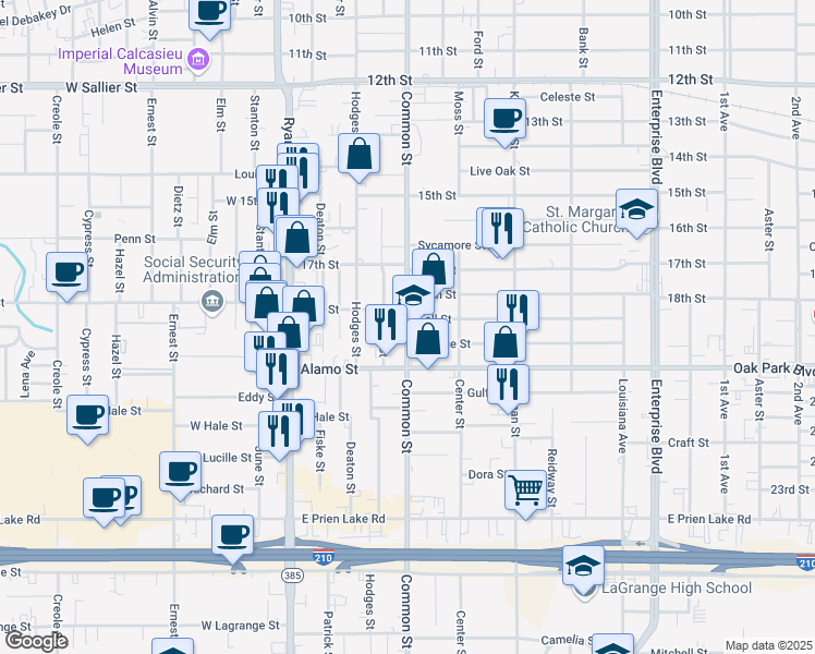 map of restaurants, bars, coffee shops, grocery stores, and more near 2711 Common Street in Lake Charles
