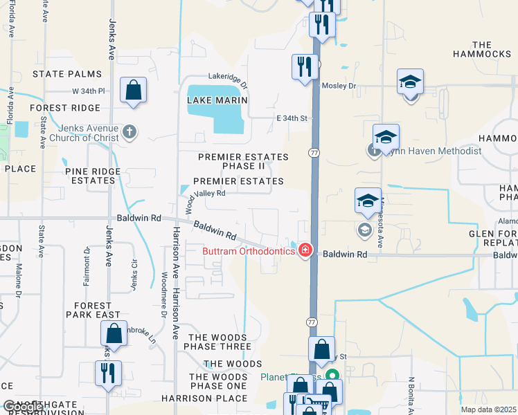 map of restaurants, bars, coffee shops, grocery stores, and more near 3144 Wood Valley Road in Panama City