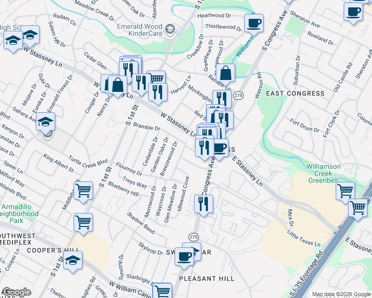 map of restaurants, bars, coffee shops, grocery stores, and more near 302 Bramble Drive in Austin