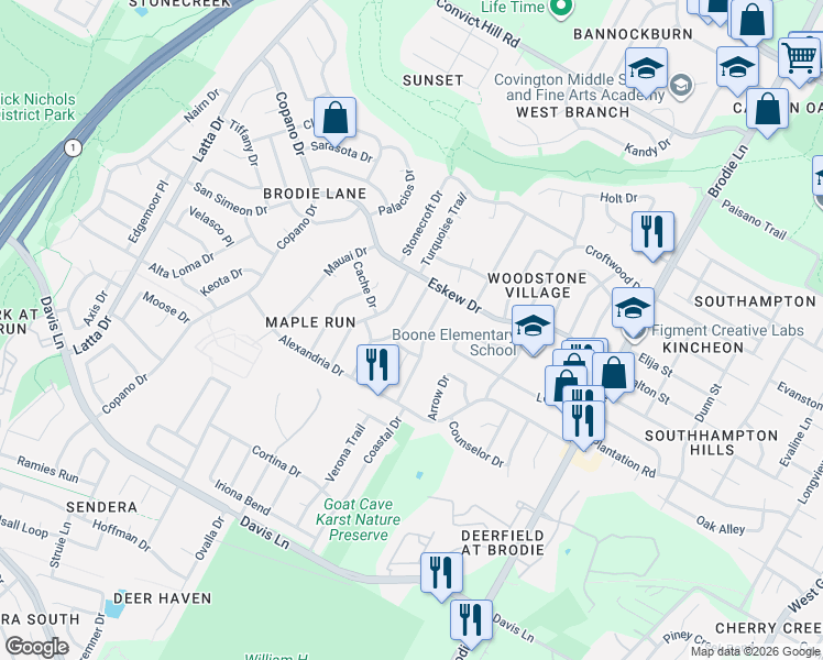 map of restaurants, bars, coffee shops, grocery stores, and more near 8106 Cattle Drive in Austin
