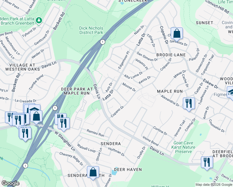 map of restaurants, bars, coffee shops, grocery stores, and more near 8517 Axis Drive in Austin