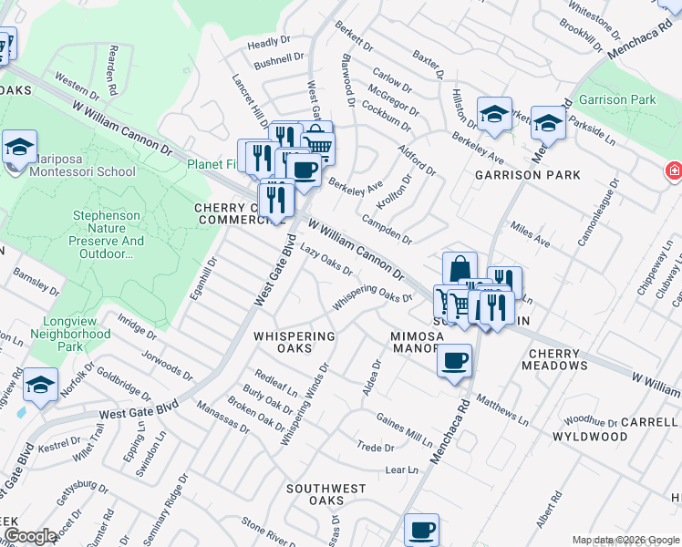 map of restaurants, bars, coffee shops, grocery stores, and more near 2600 Lazy Oaks Drive in Austin