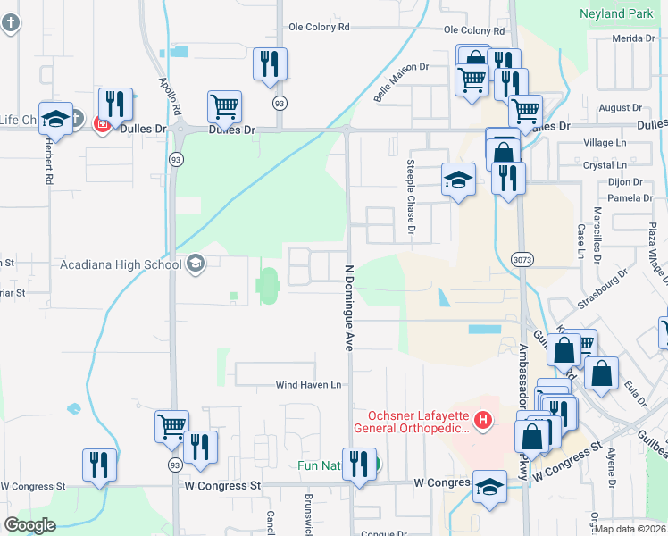 map of restaurants, bars, coffee shops, grocery stores, and more near 111 Cadet Lane in Lafayette
