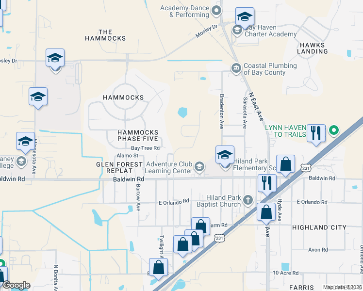 map of restaurants, bars, coffee shops, grocery stores, and more near 3630 Azalea Court in Panama City