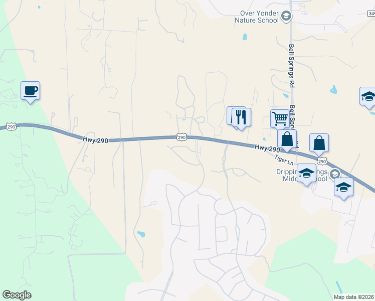 map of restaurants, bars, coffee shops, grocery stores, and more near 2751 U.S. 290 in Dripping Springs