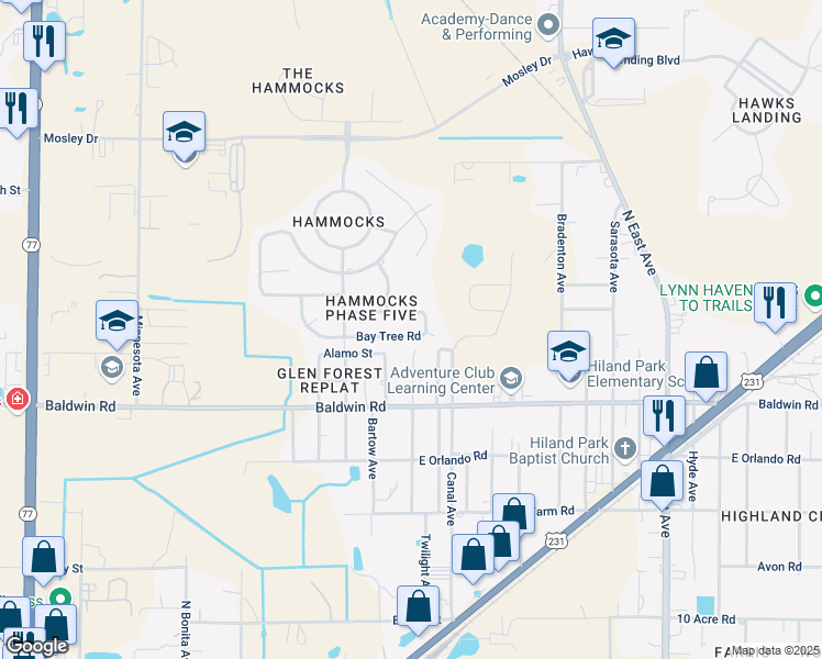 map of restaurants, bars, coffee shops, grocery stores, and more near 3727 Bay Tree Road in Lynn Haven