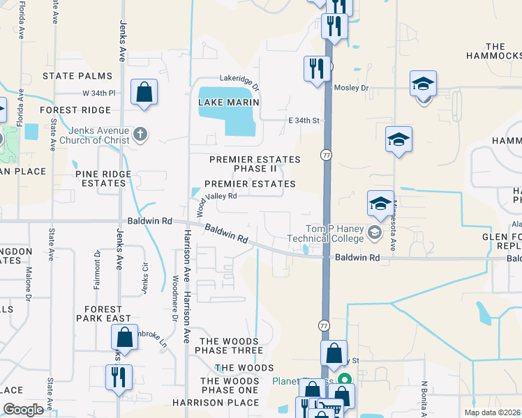 map of restaurants, bars, coffee shops, grocery stores, and more near 604 Baldwin Rowe Circle in Panama City