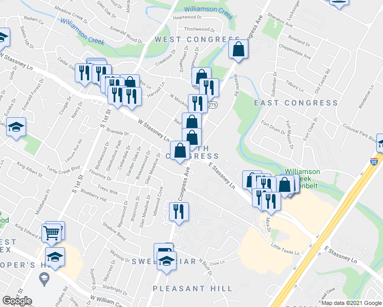 map of restaurants, bars, coffee shops, grocery stores, and more near S Congress Ave & W Stassney Ln in Austin