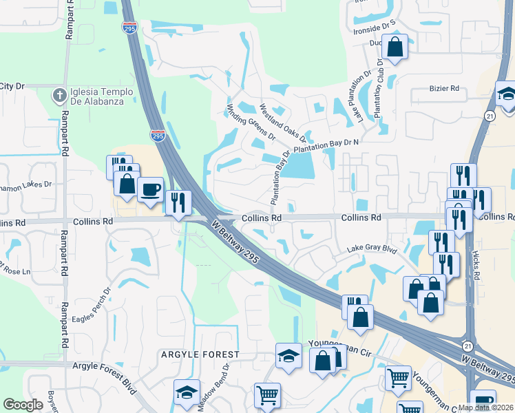 map of restaurants, bars, coffee shops, grocery stores, and more near 7740 Plantation Bay Drive in Jacksonville
