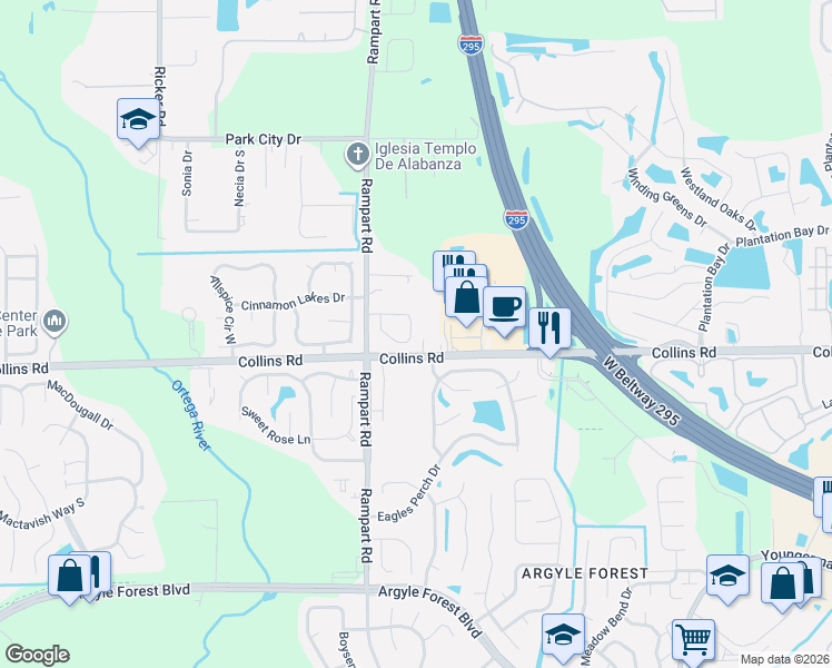 map of restaurants, bars, coffee shops, grocery stores, and more near 7250 Longhorn Circle North in Jacksonville