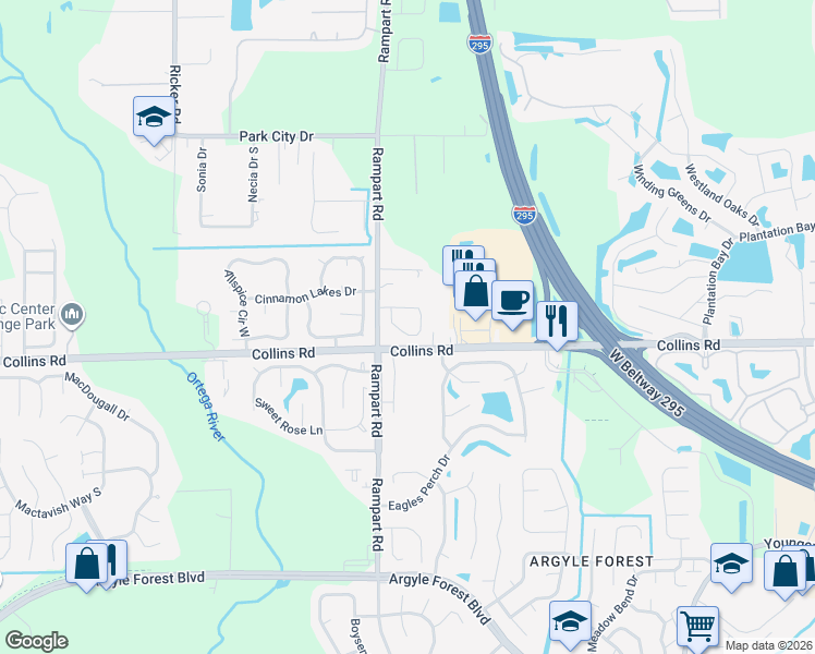 map of restaurants, bars, coffee shops, grocery stores, and more near 7250 Longhorn Circle North in Jacksonville