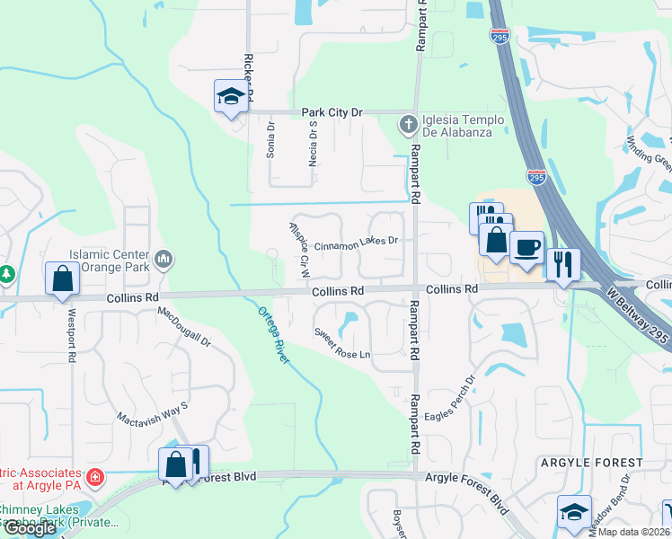 map of restaurants, bars, coffee shops, grocery stores, and more near 7804 Allspice Circle East in Jacksonville
