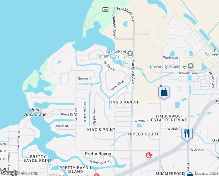 map of restaurants, bars, coffee shops, grocery stores, and more near 2356 Foxworth Drive in Panama City