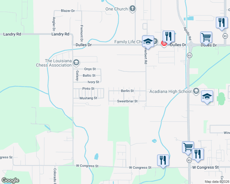map of restaurants, bars, coffee shops, grocery stores, and more near 700 Berlin Street in Lafayette