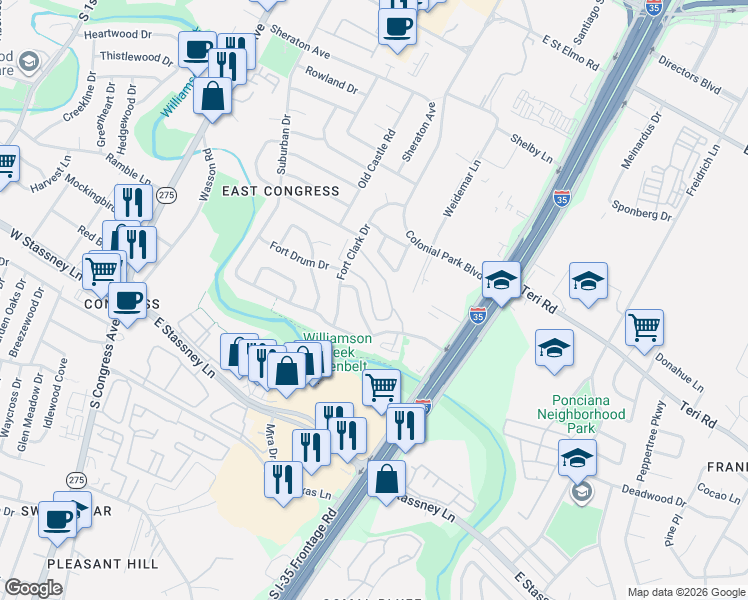 map of restaurants, bars, coffee shops, grocery stores, and more near 5127 Fort Clark Drive in Austin