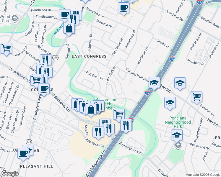 map of restaurants, bars, coffee shops, grocery stores, and more near 5208 Fort Clark Drive in Austin