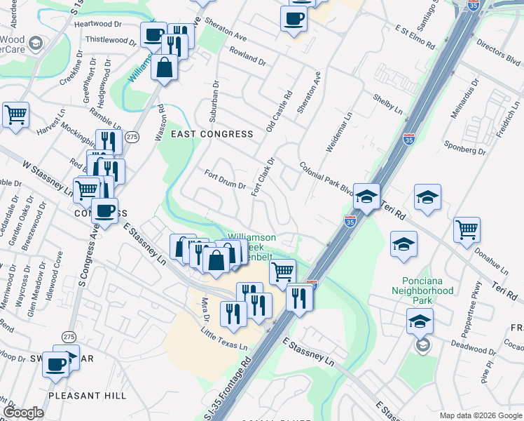 map of restaurants, bars, coffee shops, grocery stores, and more near 5208 Fort Clark Drive in Austin