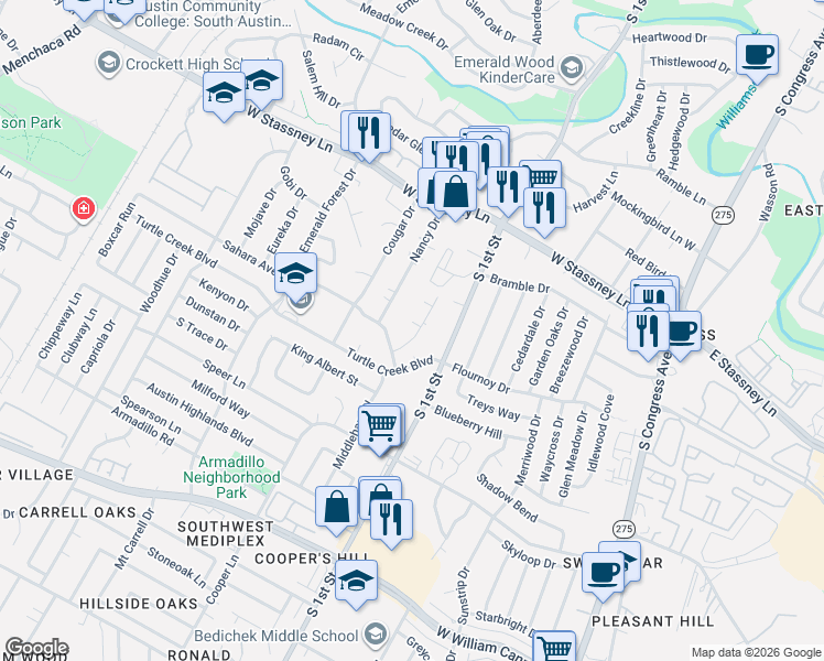 map of restaurants, bars, coffee shops, grocery stores, and more near 804 Leisure Run Cove in Austin