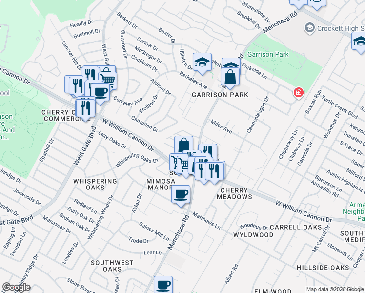 map of restaurants, bars, coffee shops, grocery stores, and more near 6704 Menchaca Road in Austin