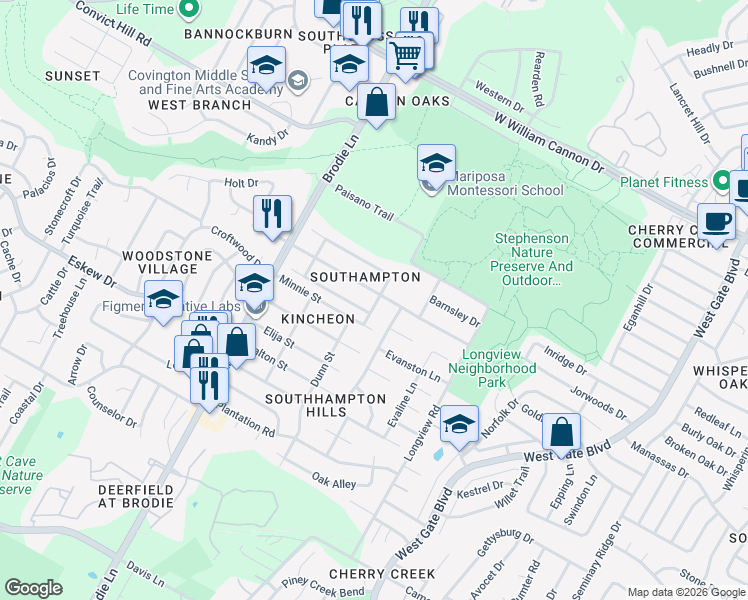 map of restaurants, bars, coffee shops, grocery stores, and more near 3310 Harpers Ferry Lane in Austin