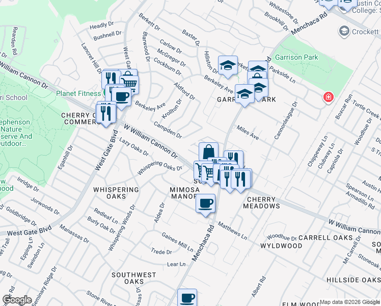 map of restaurants, bars, coffee shops, grocery stores, and more near 6708 Menchaca Road in Austin