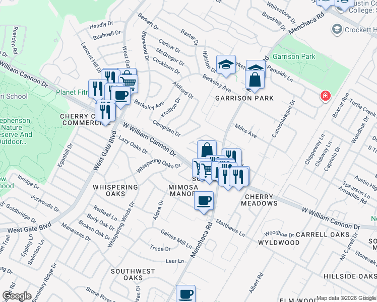 map of restaurants, bars, coffee shops, grocery stores, and more near 6708 Menchaca Road in Austin