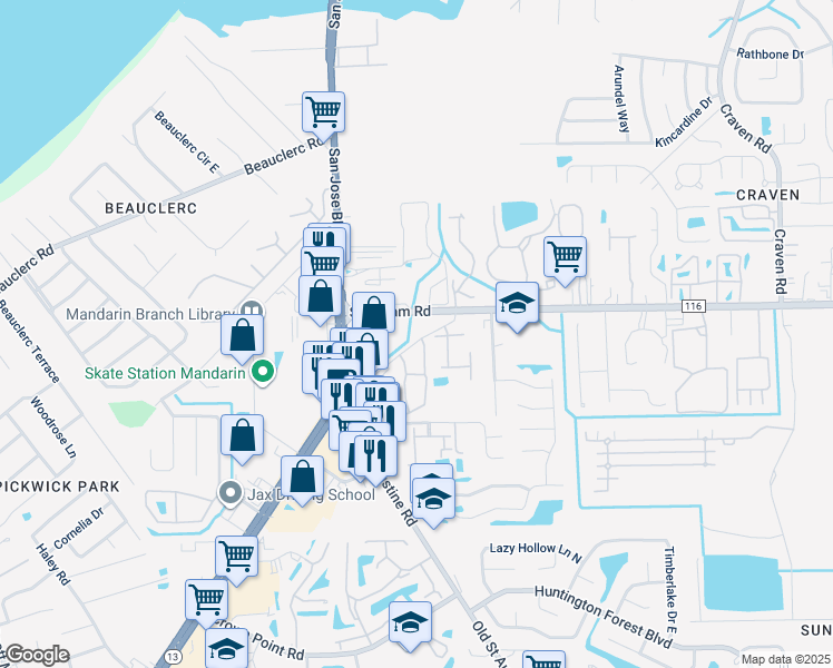 map of restaurants, bars, coffee shops, grocery stores, and more near 3820 Sunbeam Road in Jacksonville