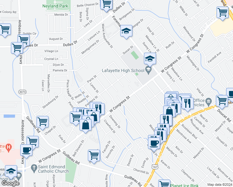 map of restaurants, bars, coffee shops, grocery stores, and more near 401 Lourdes Street in Lafayette
