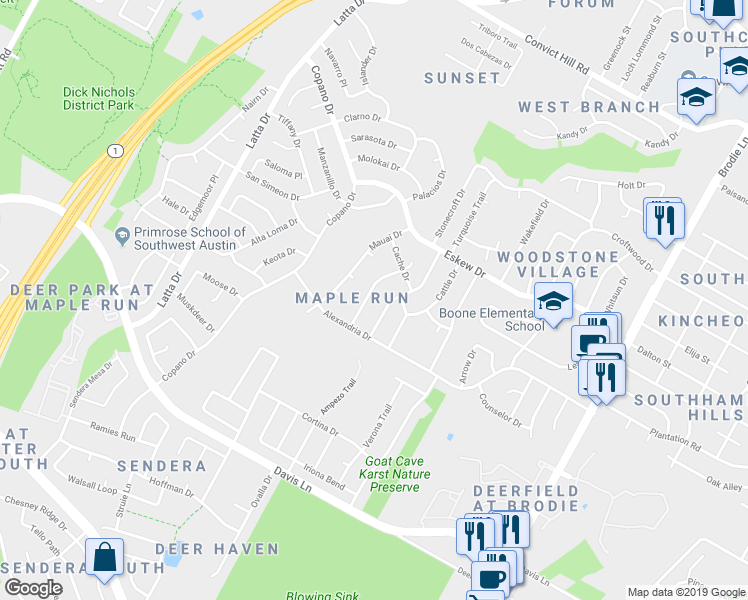 map of restaurants, bars, coffee shops, grocery stores, and more near 8307 Washita Drive in Austin