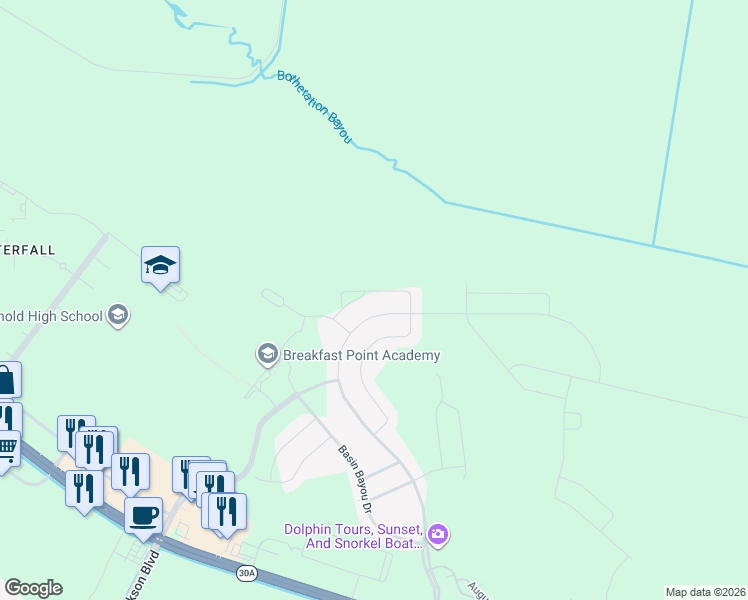 map of restaurants, bars, coffee shops, grocery stores, and more near 322 Johnson Bayou Drive in Panama City Beach