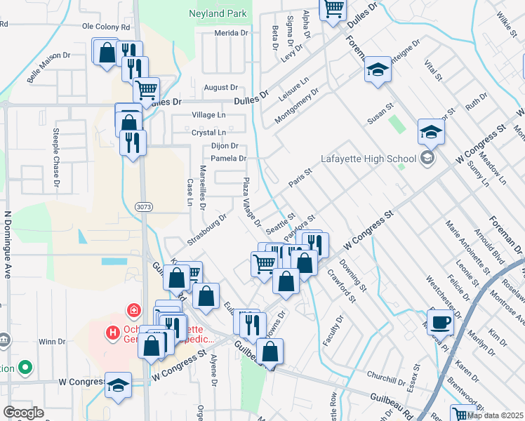 map of restaurants, bars, coffee shops, grocery stores, and more near 147 East Pamela Drive in Lafayette