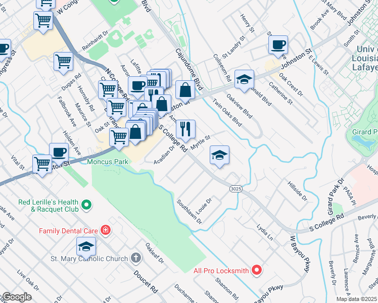 map of restaurants, bars, coffee shops, grocery stores, and more near 117 South College Road in Lafayette