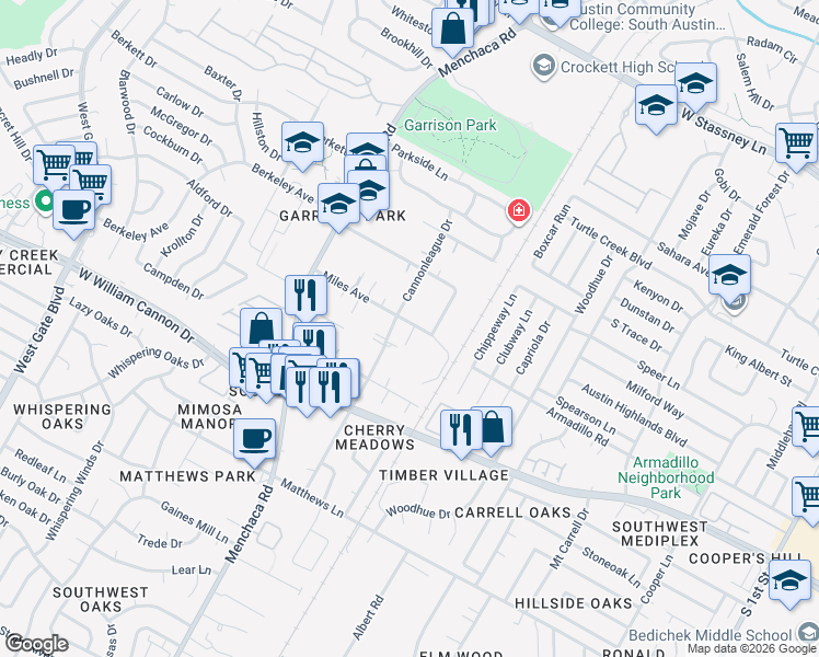 map of restaurants, bars, coffee shops, grocery stores, and more near 1806 Miles Avenue in Austin