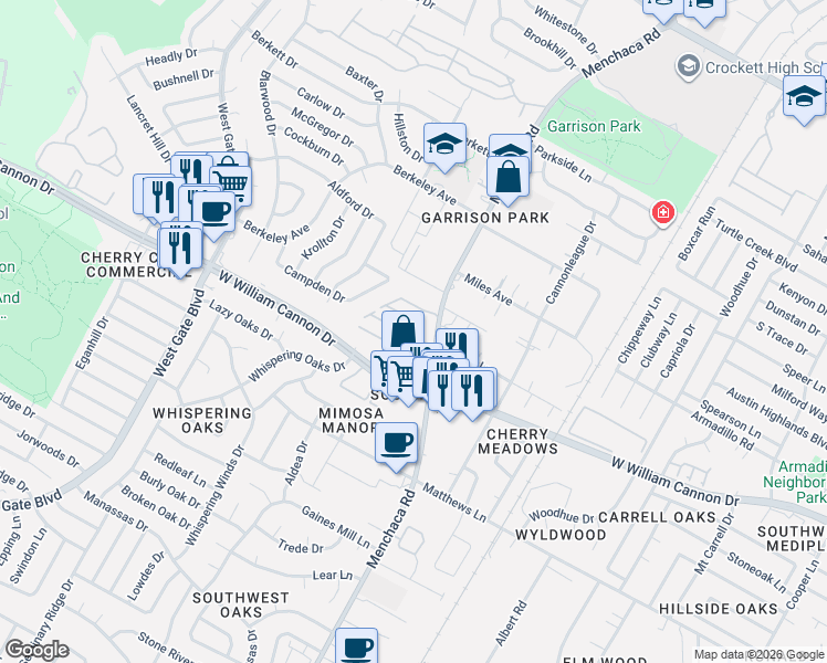 map of restaurants, bars, coffee shops, grocery stores, and more near 6704 Menchaca Road in Austin