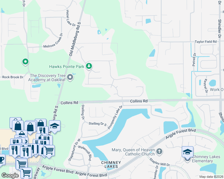 map of restaurants, bars, coffee shops, grocery stores, and more near 7398 Hawks Branch Court in Jacksonville