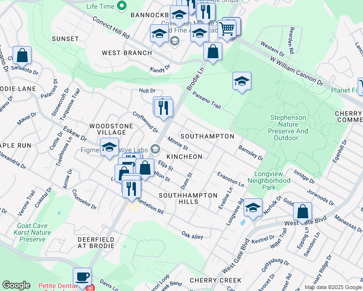 map of restaurants, bars, coffee shops, grocery stores, and more near Minnie Street in Austin