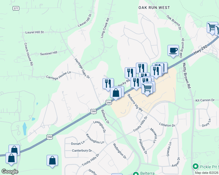 map of restaurants, bars, coffee shops, grocery stores, and more near Four Star Boulevard in Austin