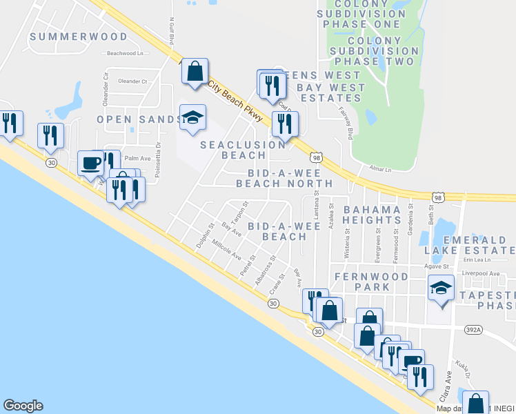 map of restaurants, bars, coffee shops, grocery stores, and more near 308 Argonaut Street in Panama City Beach