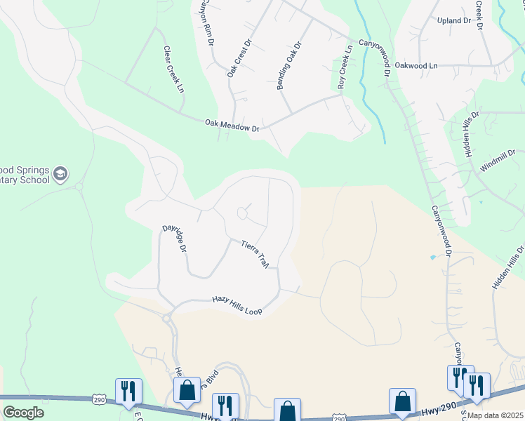 map of restaurants, bars, coffee shops, grocery stores, and more near 269 Starfire Drive in Dripping Springs