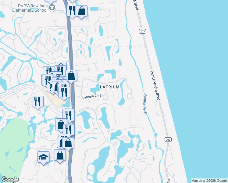 map of restaurants, bars, coffee shops, grocery stores, and more near 212 Charlemagne Circle in Ponte Vedra Beach