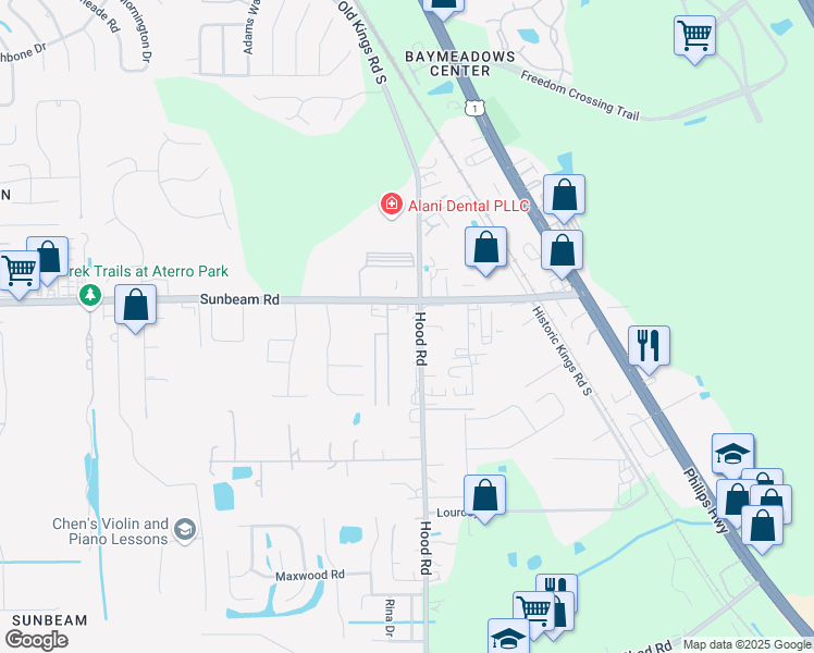 map of restaurants, bars, coffee shops, grocery stores, and more near 9506 Hood Road in Jacksonville