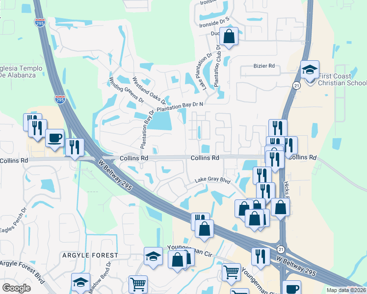 map of restaurants, bars, coffee shops, grocery stores, and more near 6505 Collins Road in Jacksonville
