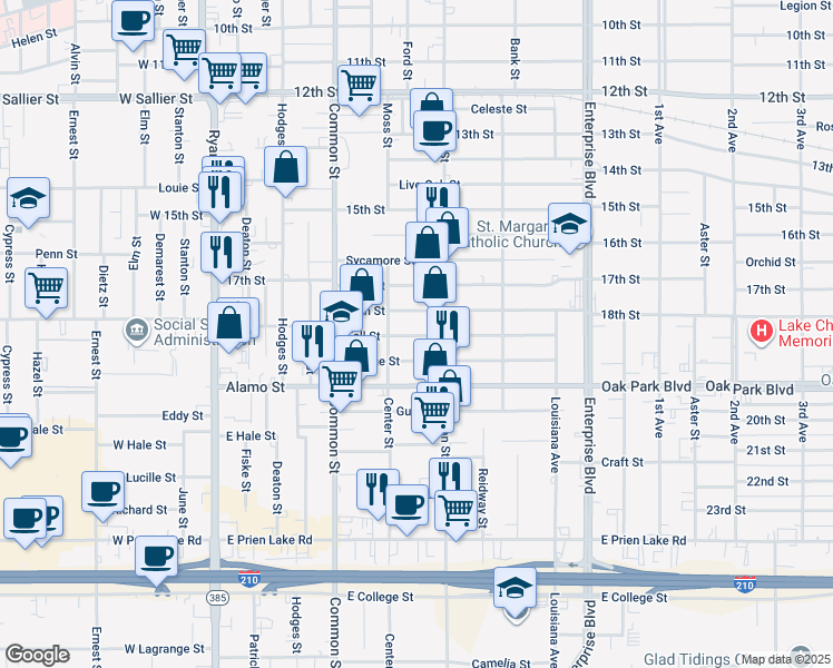 map of restaurants, bars, coffee shops, grocery stores, and more near 706 18th Street in Lake Charles