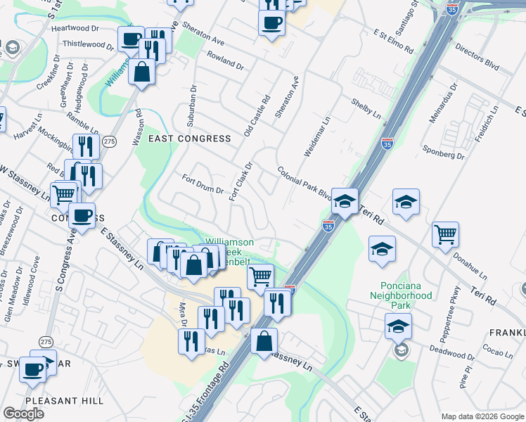 map of restaurants, bars, coffee shops, grocery stores, and more near 5127 Fort Clark Drive in Austin