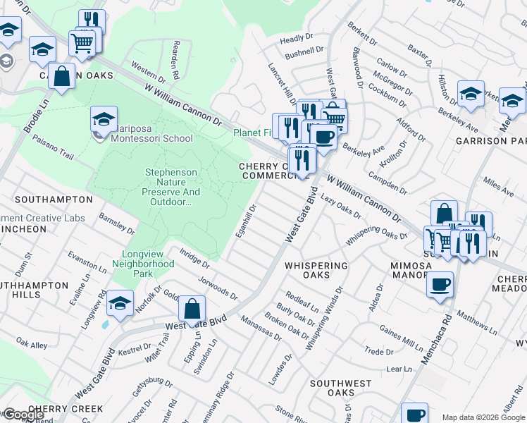 map of restaurants, bars, coffee shops, grocery stores, and more near 7206 Eganhill Drive in Austin
