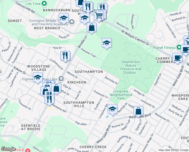 map of restaurants, bars, coffee shops, grocery stores, and more near 7506 Calumet Cove in Austin