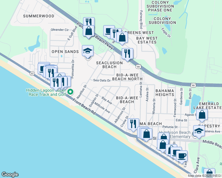 map of restaurants, bars, coffee shops, grocery stores, and more near 305 Tarpon Street in Panama City Beach