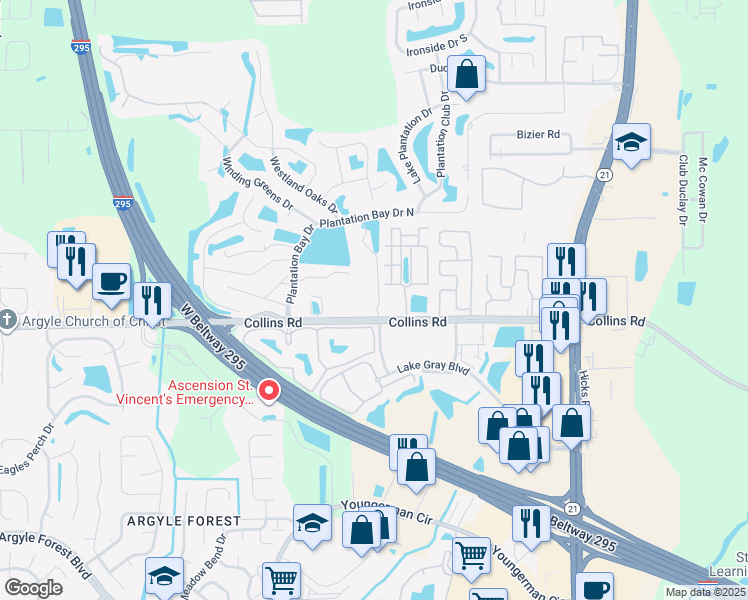 map of restaurants, bars, coffee shops, grocery stores, and more near 6505 Collins Road in Jacksonville